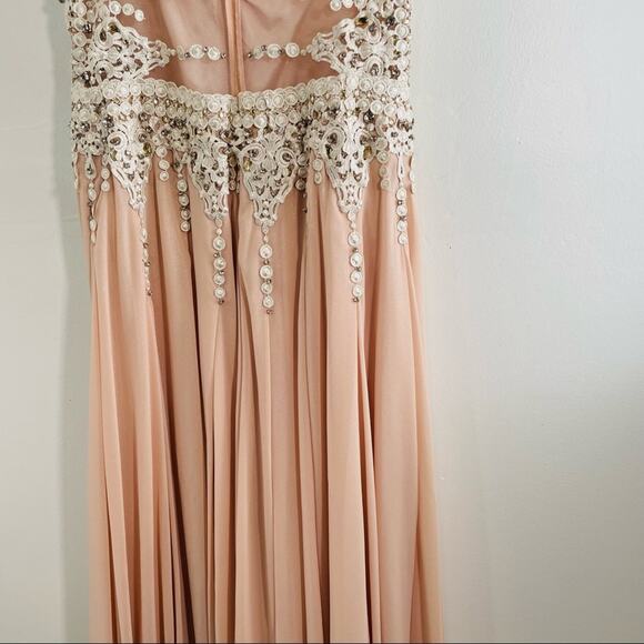 NWT Mignon Metallic Blush Pink Illusion Low Back Chiffon Beaded Maxi Dress 0 - Picture 7 of 12